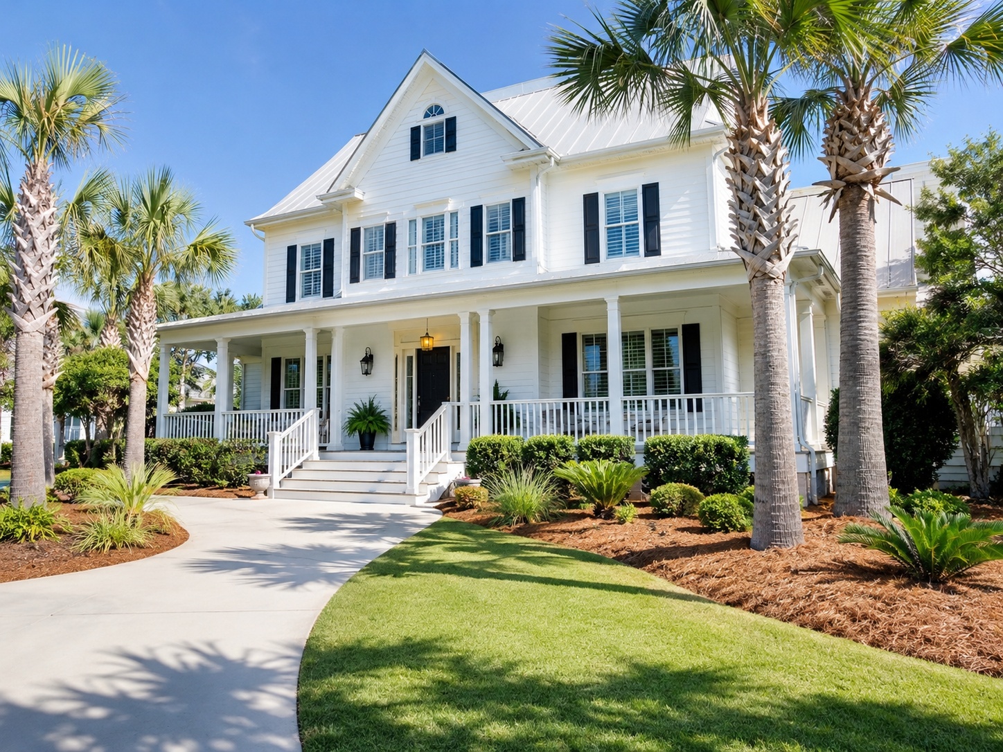 Clean white Lowcountry-style home with black shutters and a wraparound porch