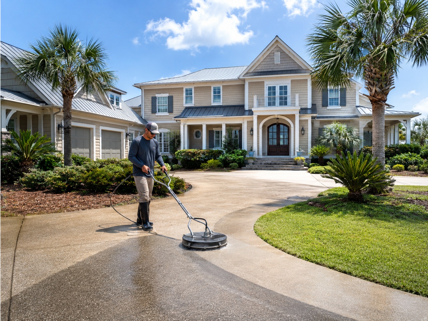 Technician pressure washing a circular driveway at a Charleston-area coastal home