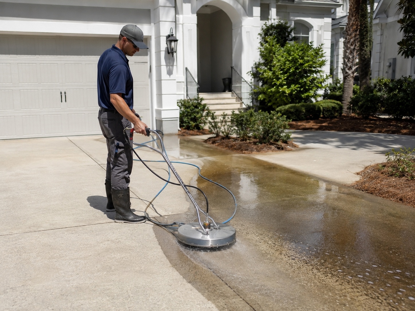 Pressure washing a concrete driveway