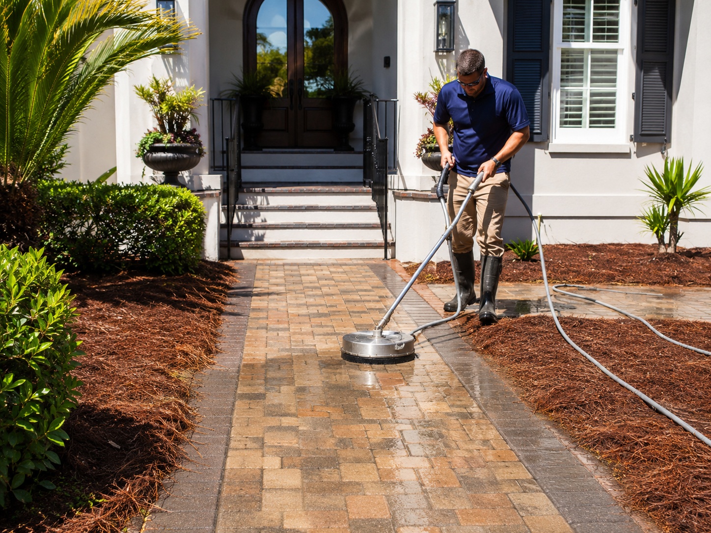 Pressure washing a paver walkway